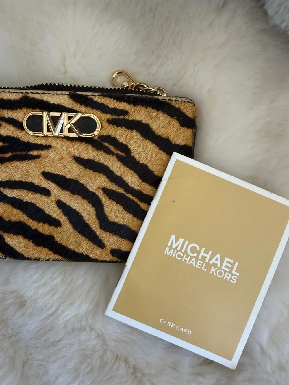 Michael Kors Tiger Stripe Haircalf Wristlet Wallet Tan/Black with Gold Hardware
